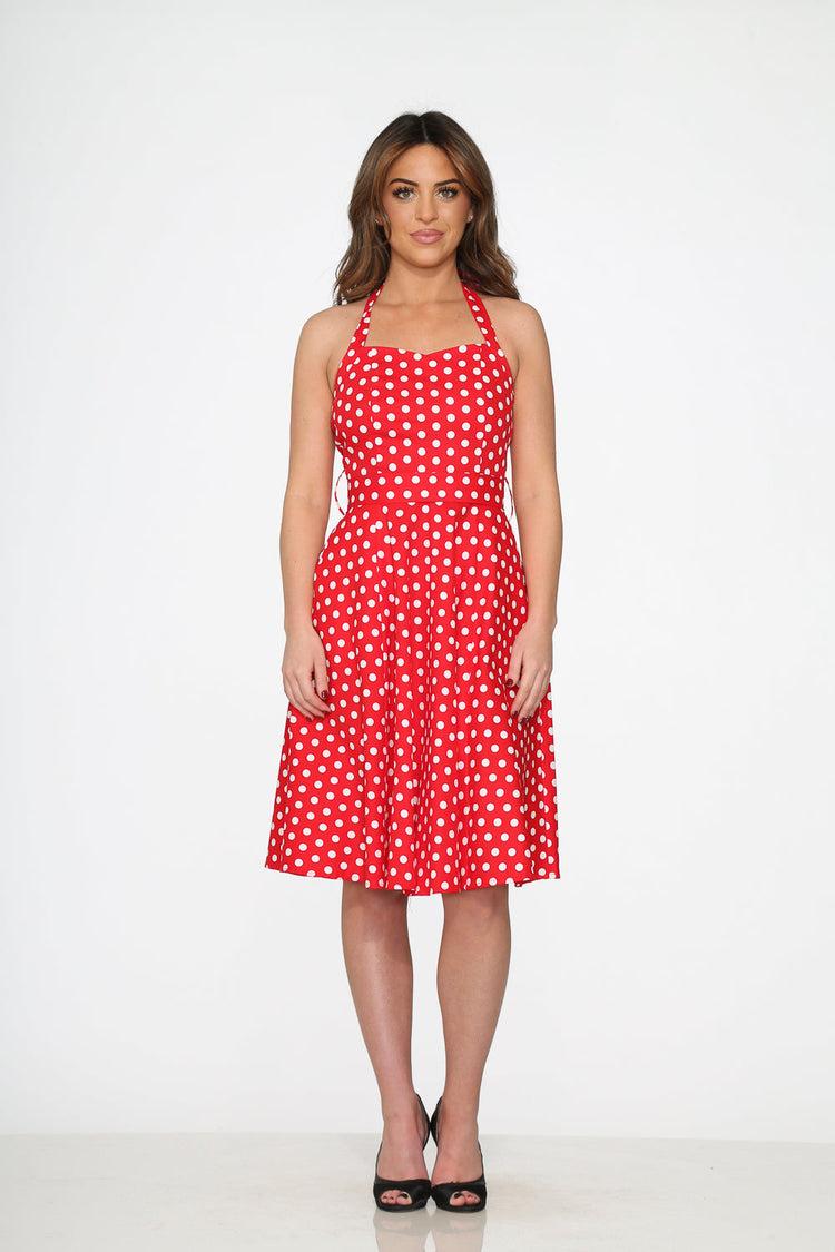 Red & White Polka Dot Halter Dress Product Image