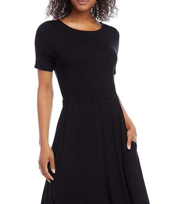 Karen Kane Cinched Waist Round Neck Short Sleeve Pocketed Artisan Midi Dress Product Image