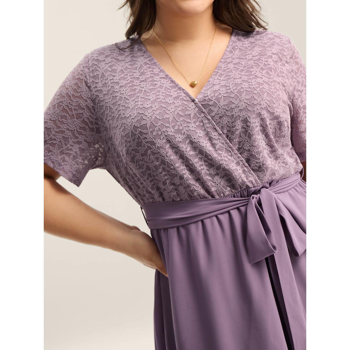 Plus Size Lace Sheer Stretchy Waist Tie Midi Dress Mauve Women Overlap Collar Short sleeve Curvy BloomChic 10/M Product Image