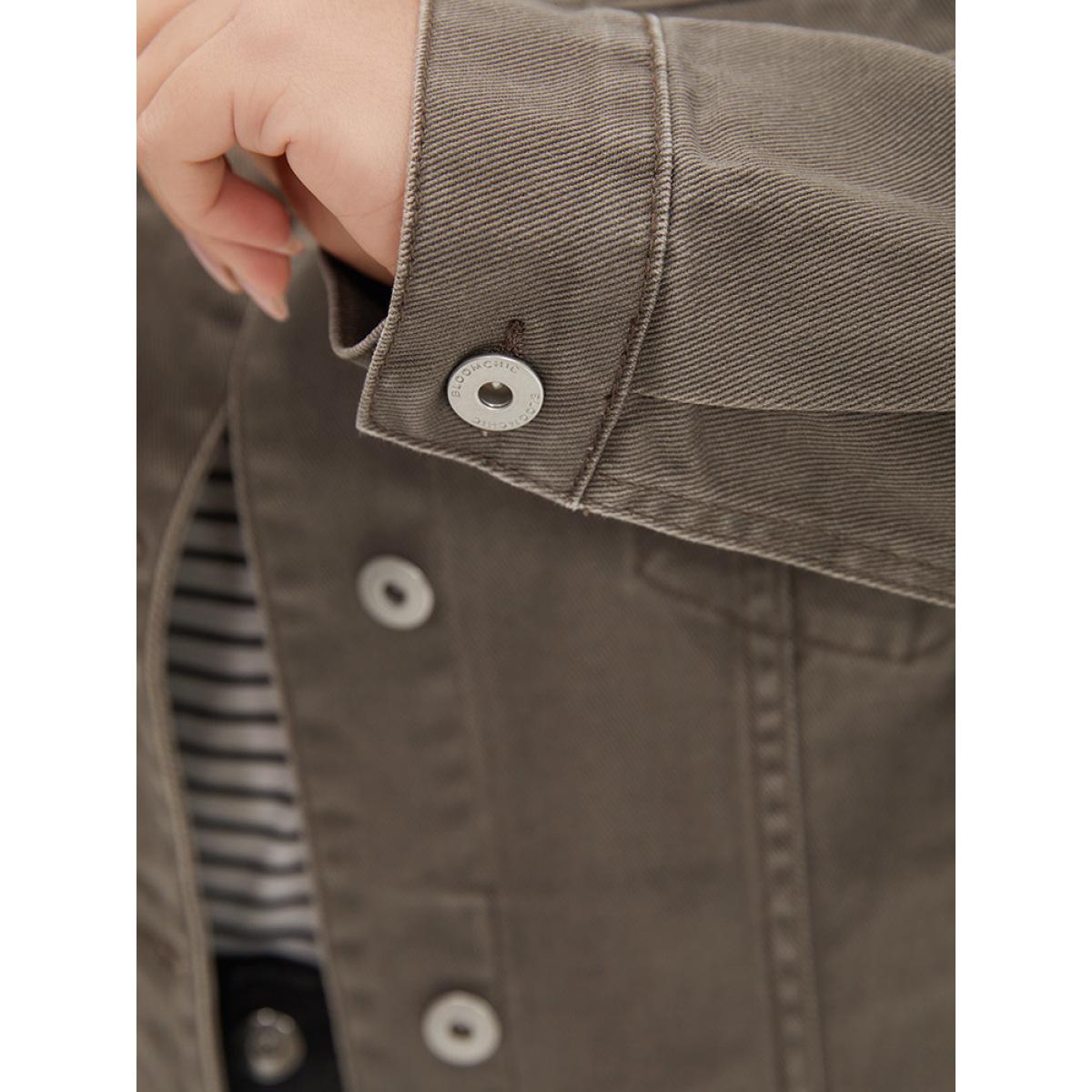 Women Solid Denim Button Fly Flap Pocket Light Wash Jacket LightBrown Plus Size Plain Button Everyday Pocket Casual Denim Jackets BloomChic 28/5X Product Image