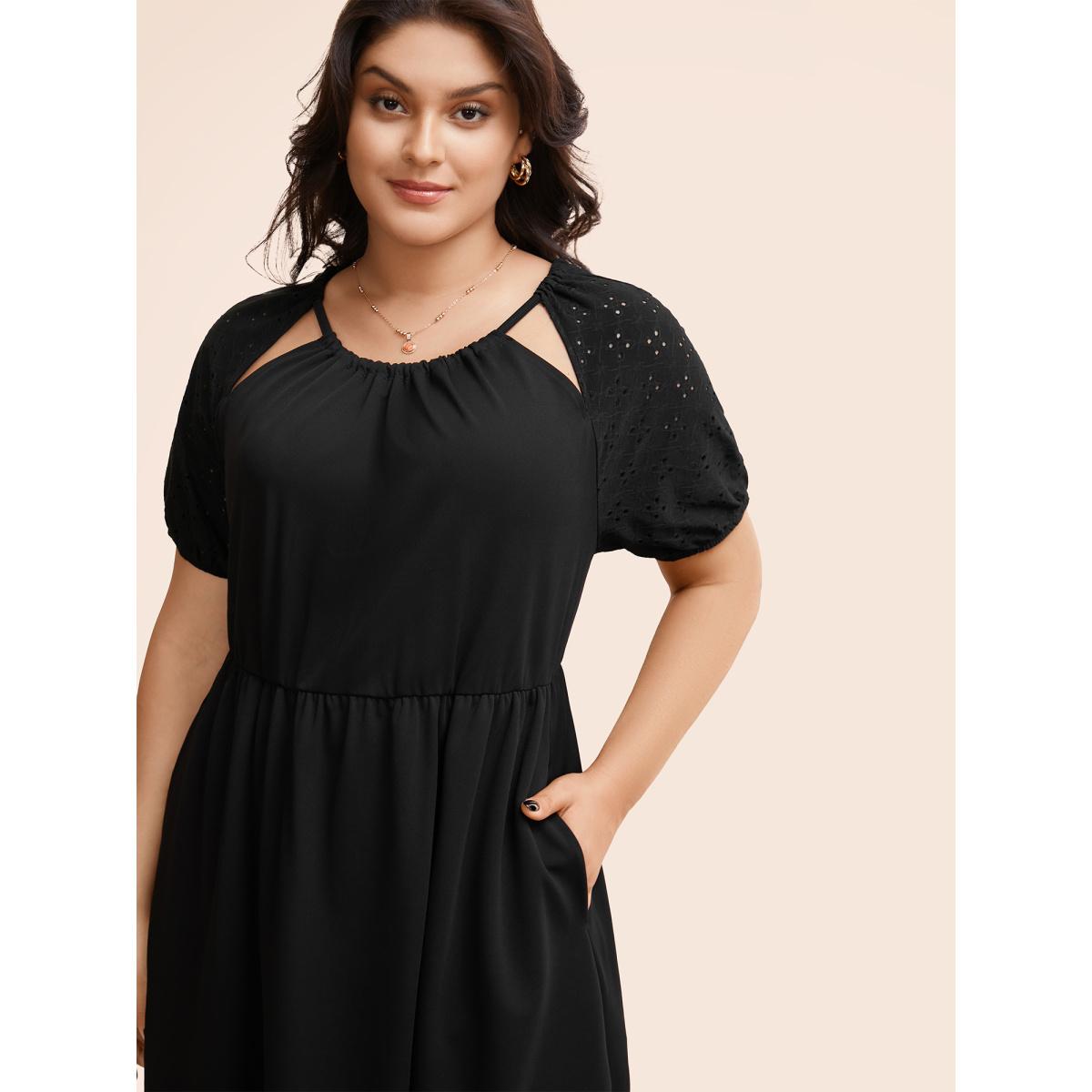 Plus Size Solid Cut Out Gathered Puff Sleeve Dress Black Women Elegant Texture Round Neck Short sleeve Curvy BloomChic 22-24/3X Product Image
