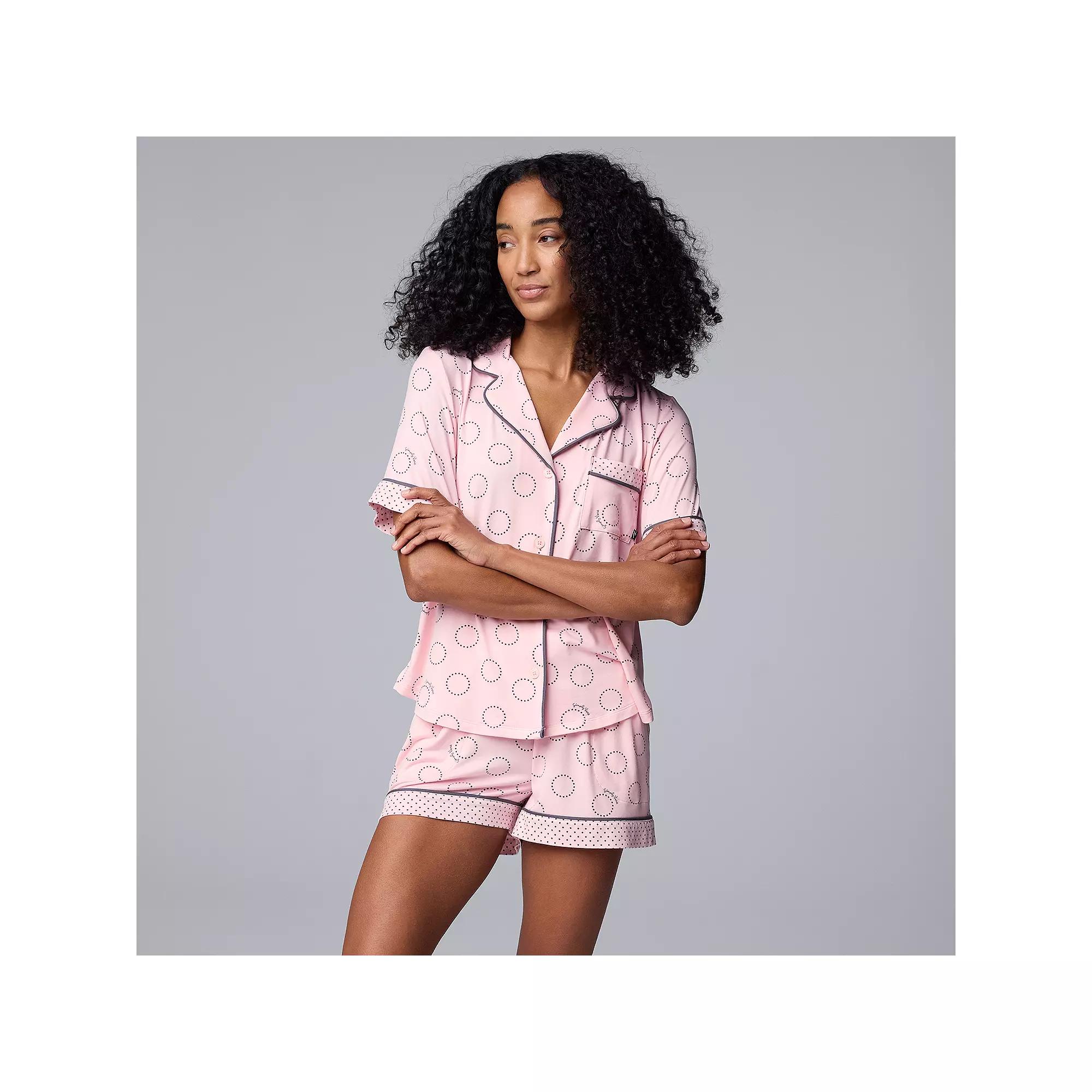 Women's Simply Vera Vera Wang 2-Piece Short Sleeve Notch Collar Pajama Top & Boxer Pajama Bottoms Set, Size: XL, Blush Circles Product Image