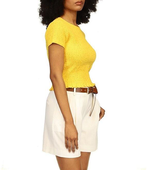 Michael Kors Smocked Crew Neckline Cap Sleeve Cropped Tee Shirt Product Image