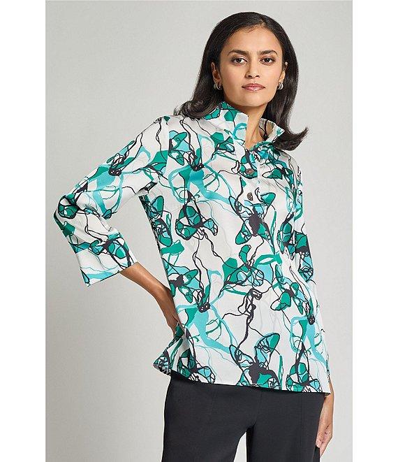 Ming Wang Printed Charmeuse Stand Collar Bracelet Sleeve Tunic Product Image