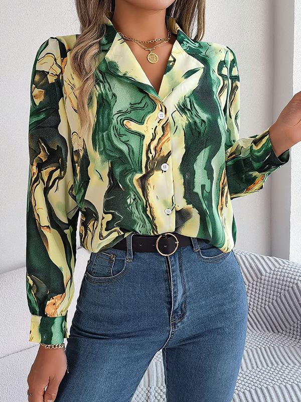 Long Sleeves Loose Buttoned Printed Notched Collar Blouses&Shirts Tops Product Image