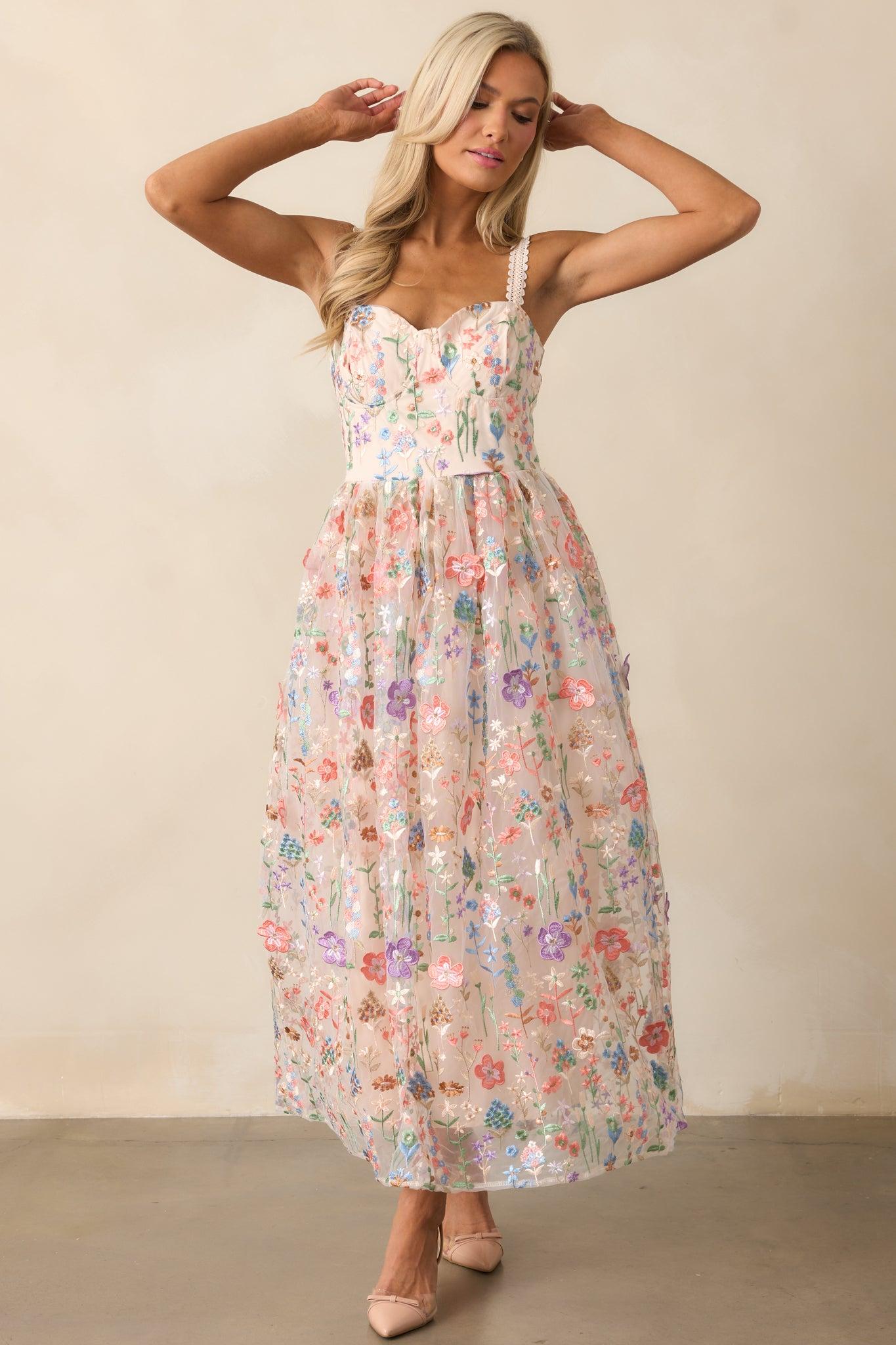 Social Season Rose Pink Floral Embroidered Maxi Dress Product Image