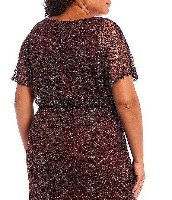 Ignite Evenings Plus Size Round Neck Short Sleeve Scallop Fringe Blouson Midi Dress Product Image