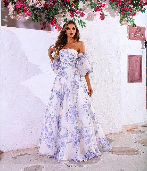Terani Couture Off-The-Shoulder Puff Sleeve Floral Print Organza Ballgown Product Image