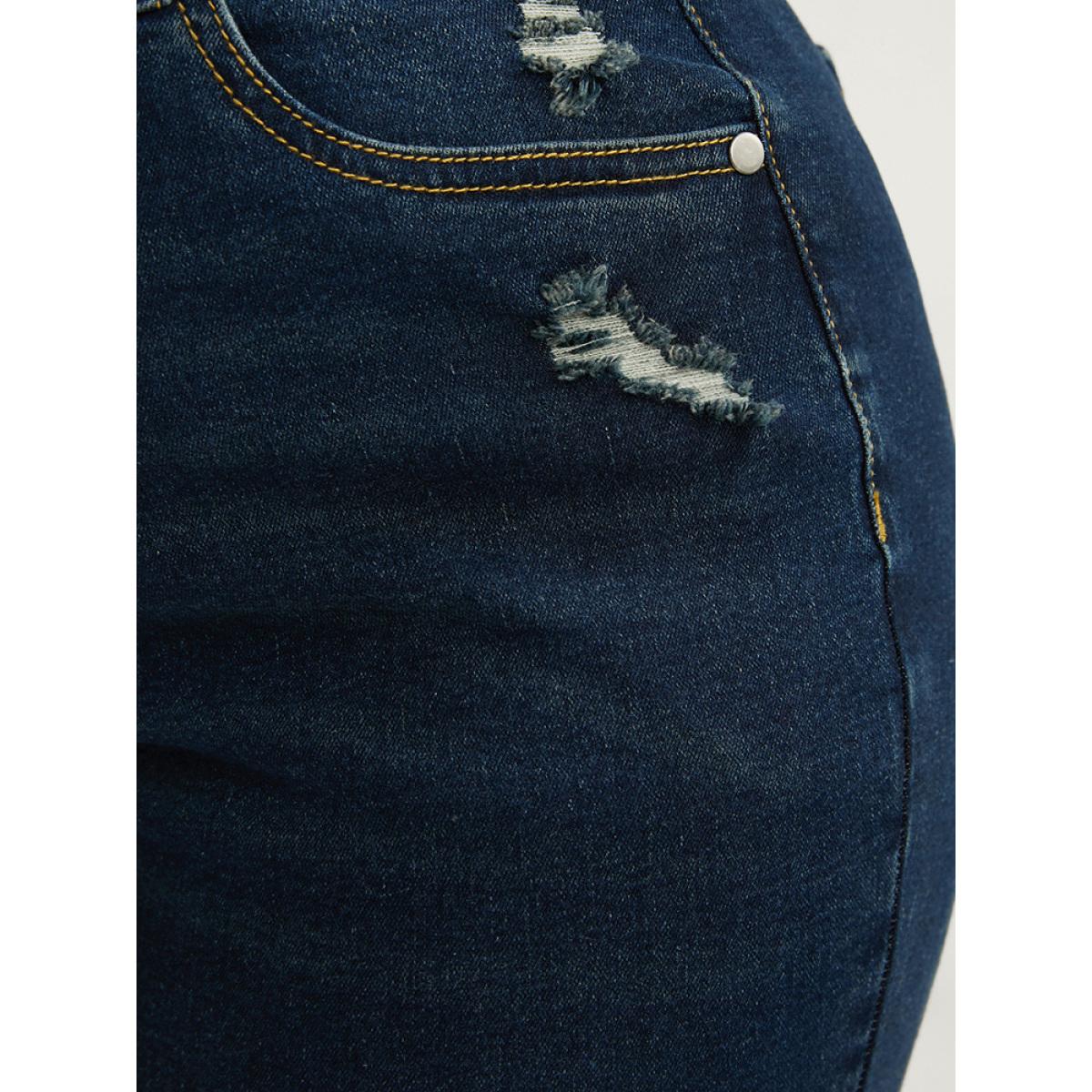 Plus Size Bootcut Slightly Stretchy High Rise Dark Wash Distressed Jeans Women DarkBlue Casual Plain Plain Low stretch Pocket Jeans BloomChic 26/4X Product Image