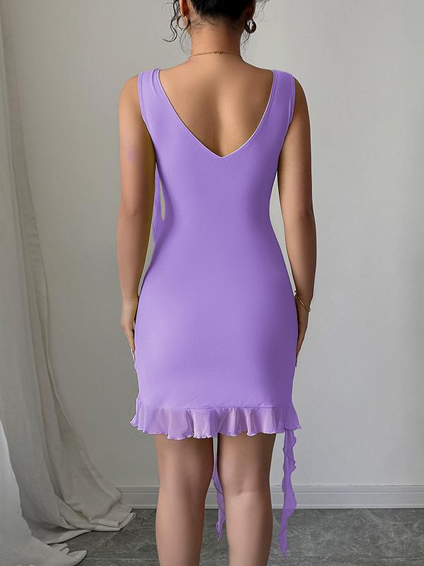 Bodycon High Waisted Pleated Solid Color V-Neck Mini Dresses Product Image