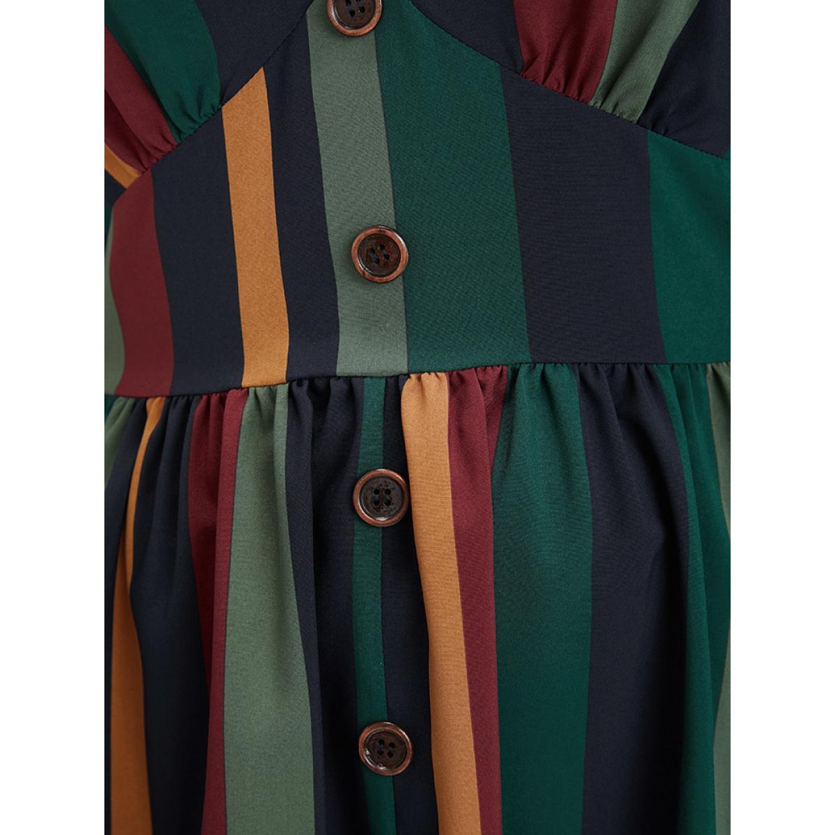 Plus Size Striped Lantern Sleeve Pocket Button Front Midi Dress Multicolor Women Vacation Printed V-neck Long Sleeve Curvy Midi Dress BloomChic 10/M Product Image