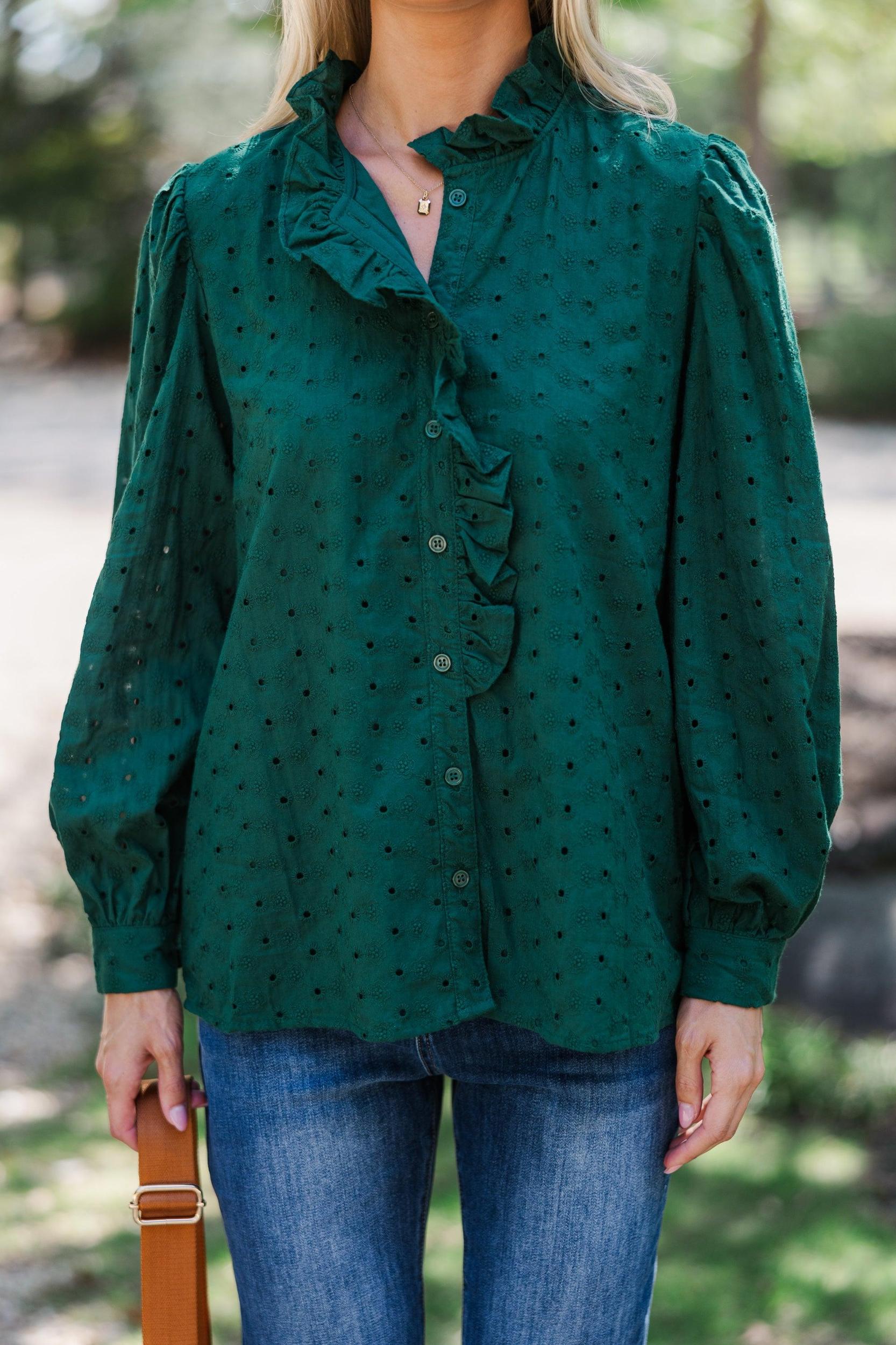 It's All True Pine Green Eyelet Blouse Female Product Image