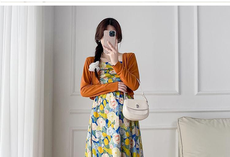 Maternity Spaghetti Strap Floral Midi A-Line Dress / Plain Cardigan / Set Product Image