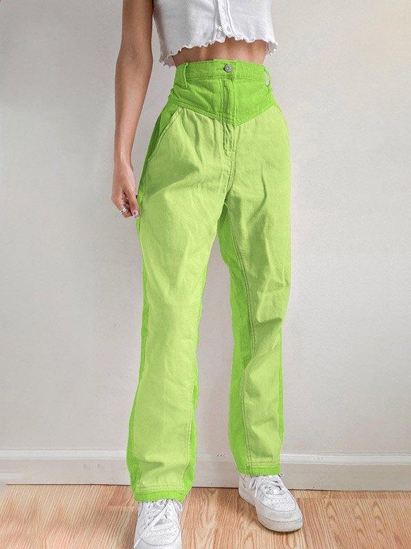 Corduroy Patchwork High Waist Straight Pants Product Image