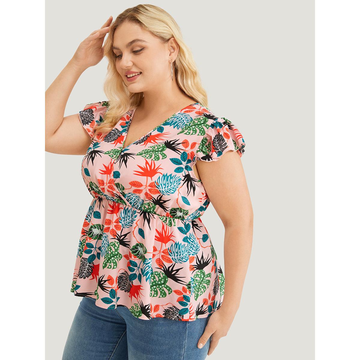 Plus Size Watermelon Plant Print Cap Sleeve Ruffle Wrap Blouse Women Elegant Cap Sleeve V-neck Dailywear Blouses BloomChic 28/5X Product Image