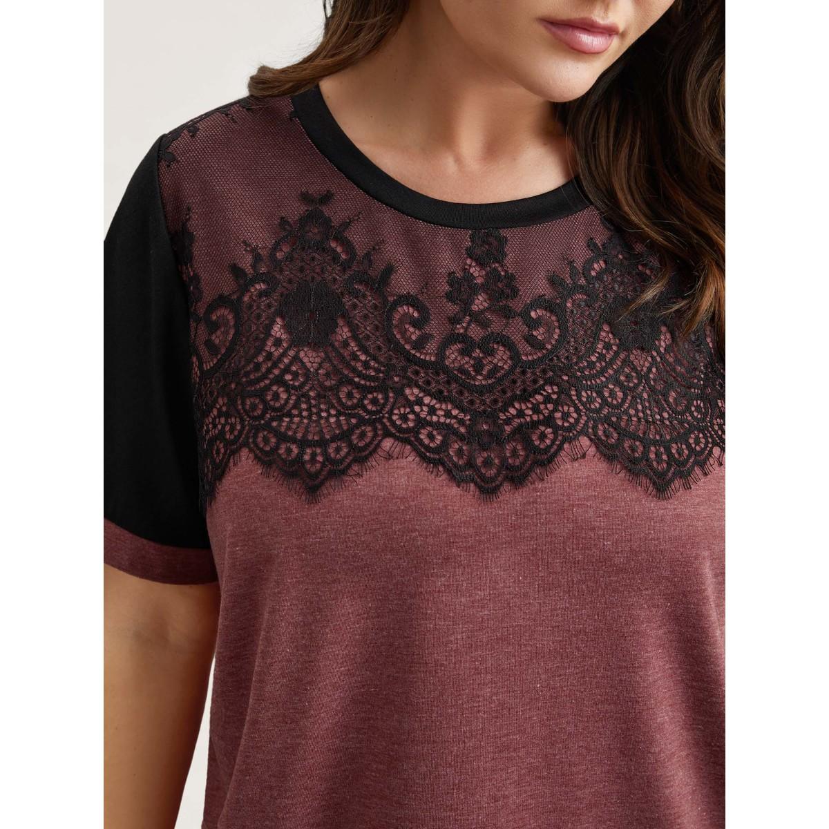 Plus Size Stretchy Scalloped Lace Color Contrast T-Shirt Russet Women Timeless Contrast Round Neck Elegant T-shirts BloomChic 10/M Product Image
