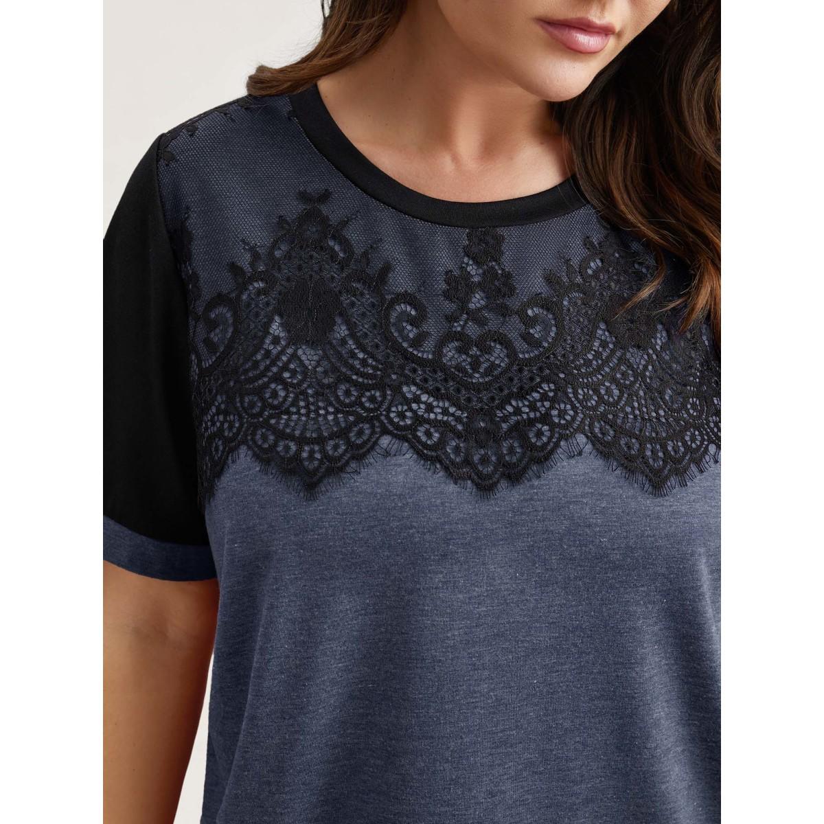 Plus Size Stretchy Scalloped Lace Color Contrast T-Shirt DarkSlateGray Women Timeless Contrast Round Neck Elegant T-shirts BloomChic 12/L Product Image