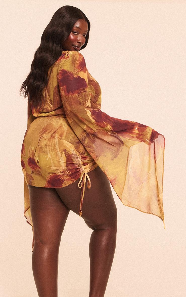 Plus Green Abstract Print Bead Trim Chiffon Beach Top Product Image