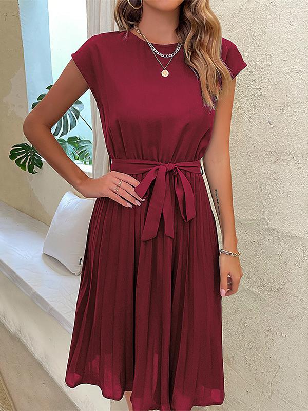 A-Line Loose Pleated Solid Color Tied Waist Round-Neck Midi Dresses Product Image
