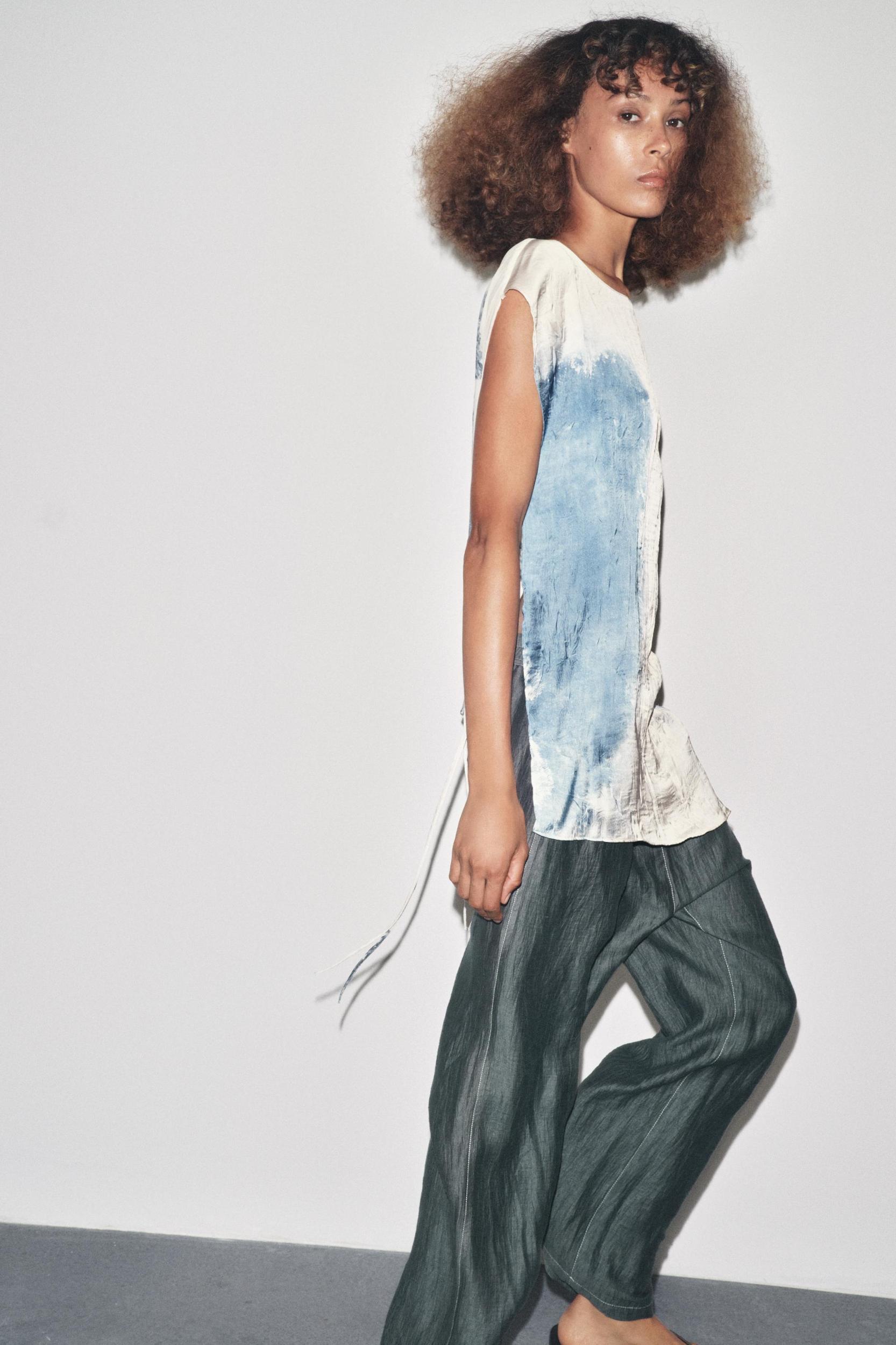 LINEN PANTS WITH CONTRAST STITCHING Product Image