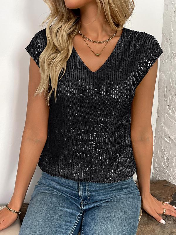 Batwing Sleeves Loose Sequined Shiny V-Neck T-Shirts Tops Product Image