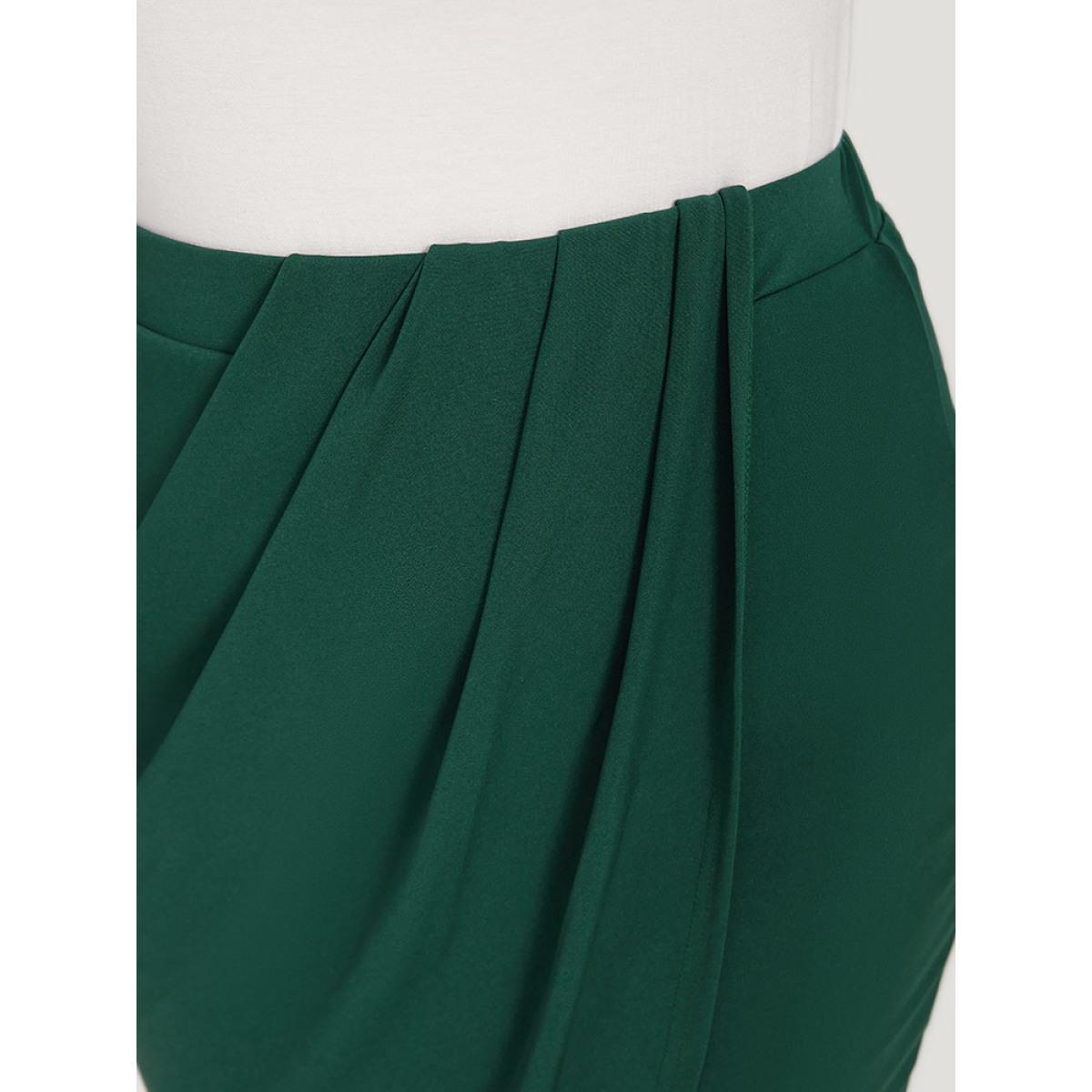 Plus Size Solid Pleated Detail Wrap Hem Skirt Women DarkGreen Office Plain Bodycon No stretch Work Skirts BloomChic 22-24/3X Product Image