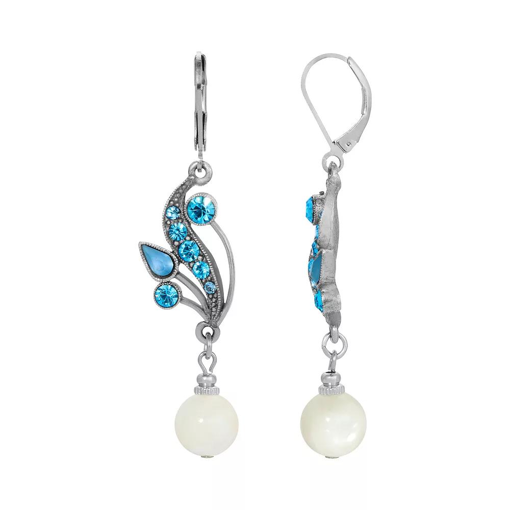 1928 Silver Tone Simulated Mother Of Pearl and Fancy Blue Crystal Drop Earrings, Women's, White Product Image