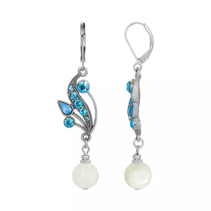 1928 Silver Tone Simulated Mother Of Pearl and Fancy Blue Crystal Drop Earrings, Women's, White Product Image