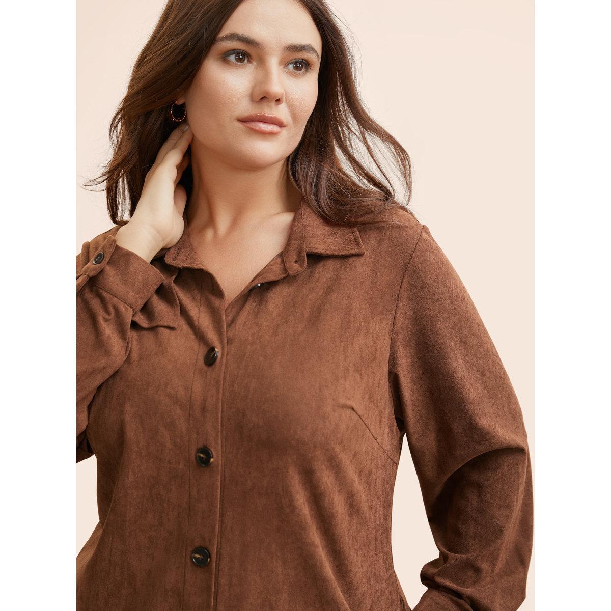 Plus Size Faux Suede Shirt Collar Midi Dress Browncoffeecolor Women Elegant Texture Shirt collar Long Sleeve Curvy BloomChic 14-16/1X Product Image