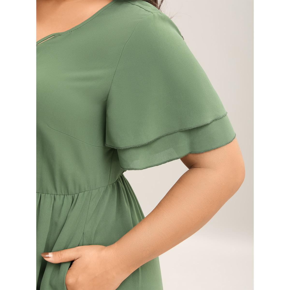 Plus Size Split Neck Tie Layered Sleeve Midi Dress ArmyGreen Women Casual Tie knot V-neck Short sleeve Curvy BloomChic 26/4X Product Image
