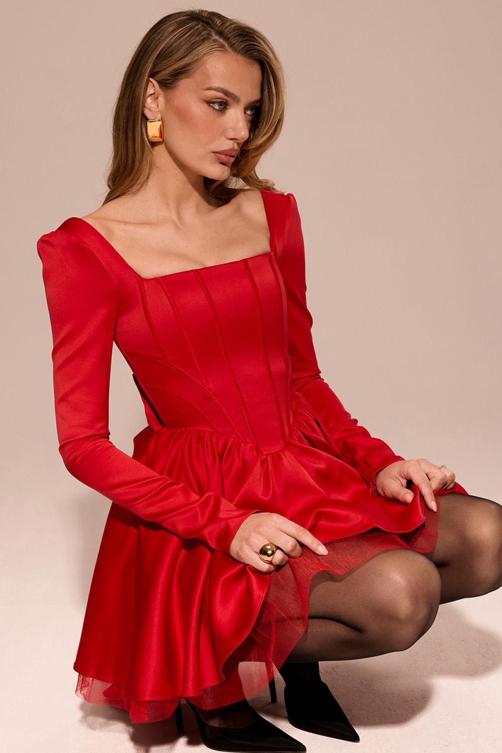Nina  holly red removable bow tulle mini dress - sale Product Image