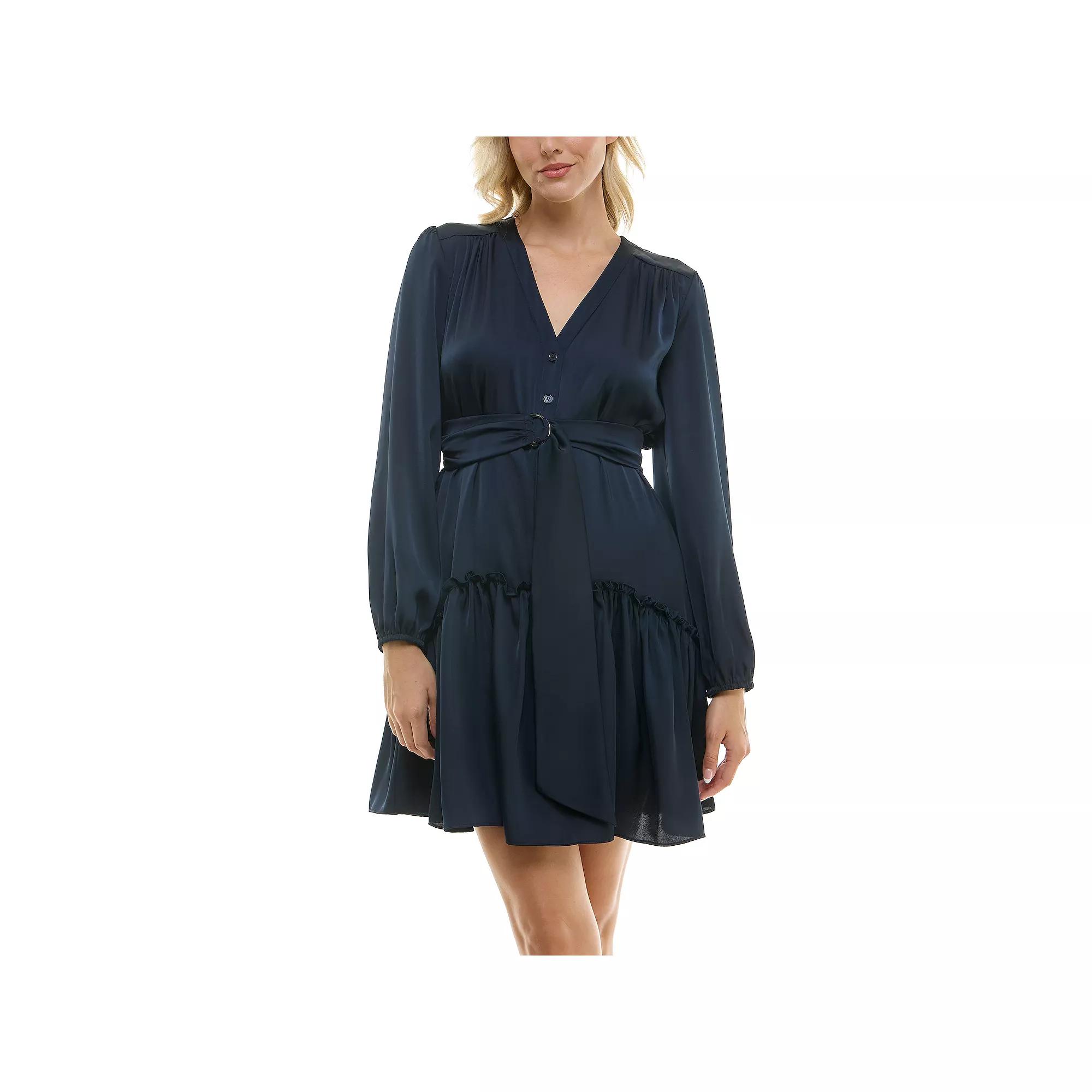 Women's Taylor Belted Ruffle Satin Mini Dress,  Product Image
