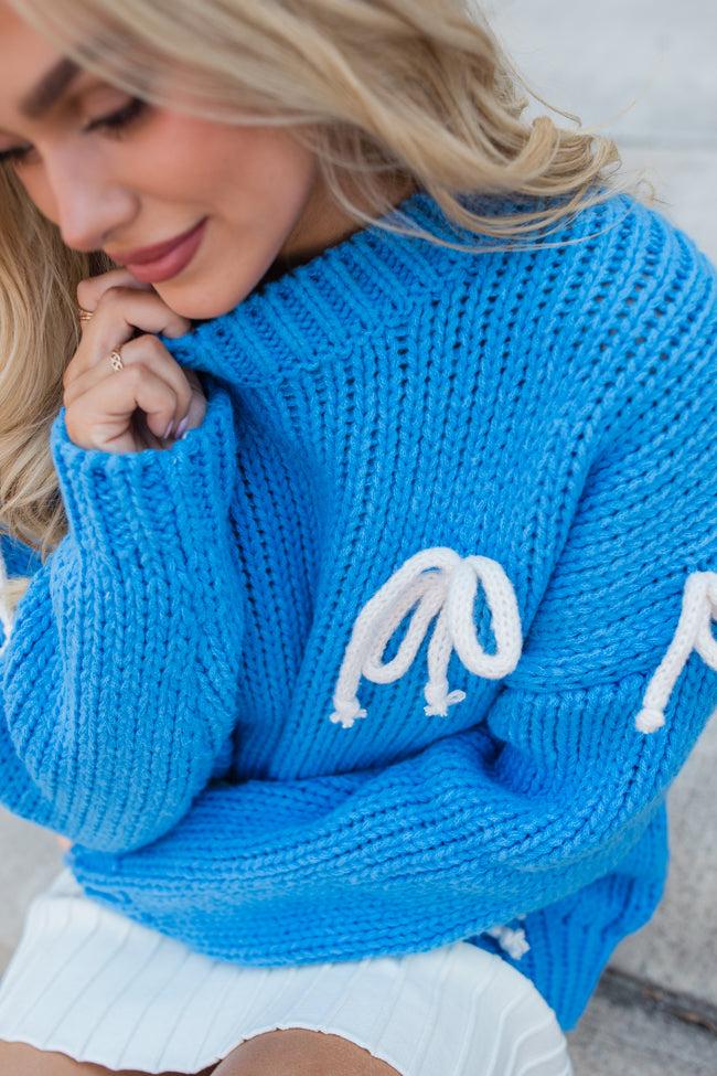 What A Doll Blue and Ivory Bow Embroidered Sweater FINAL SALE Product Image