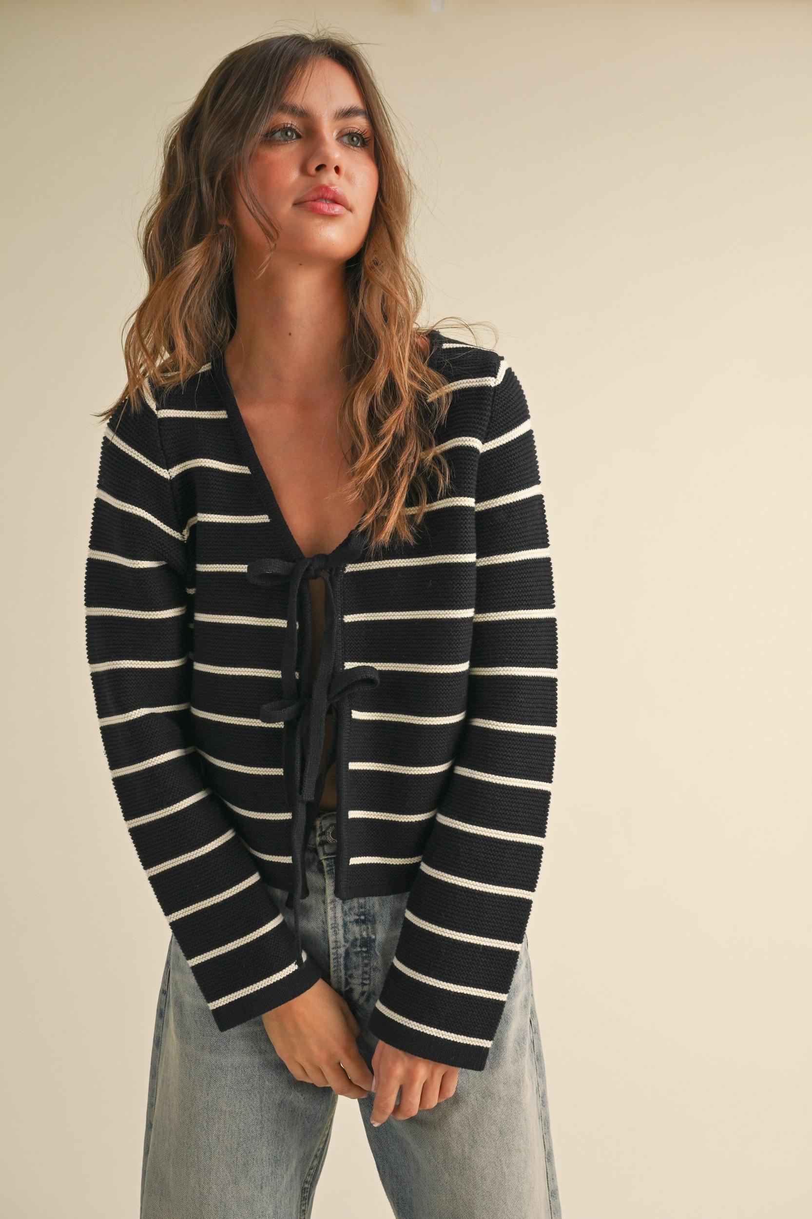 Striped Tie Front Knit Cardigan Product Image
