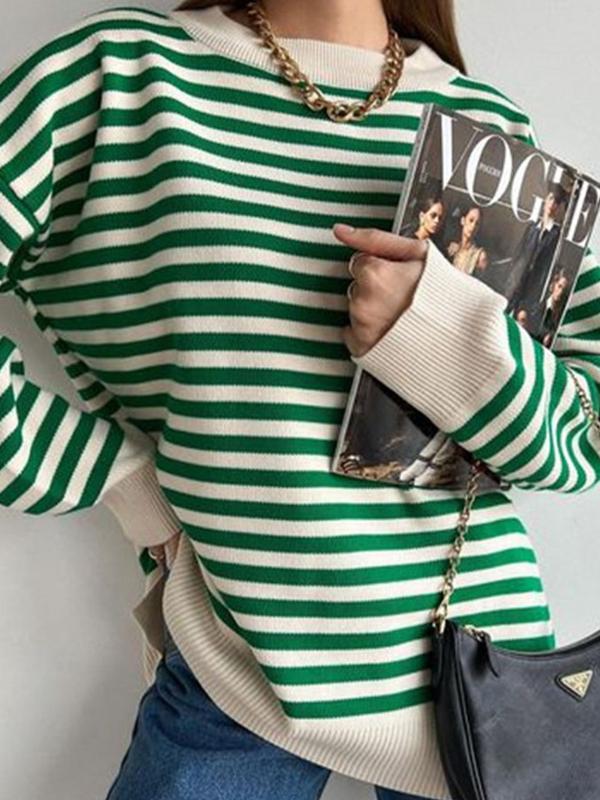 Stripe Drop Shoulder Slit Loose Sweater Product Image