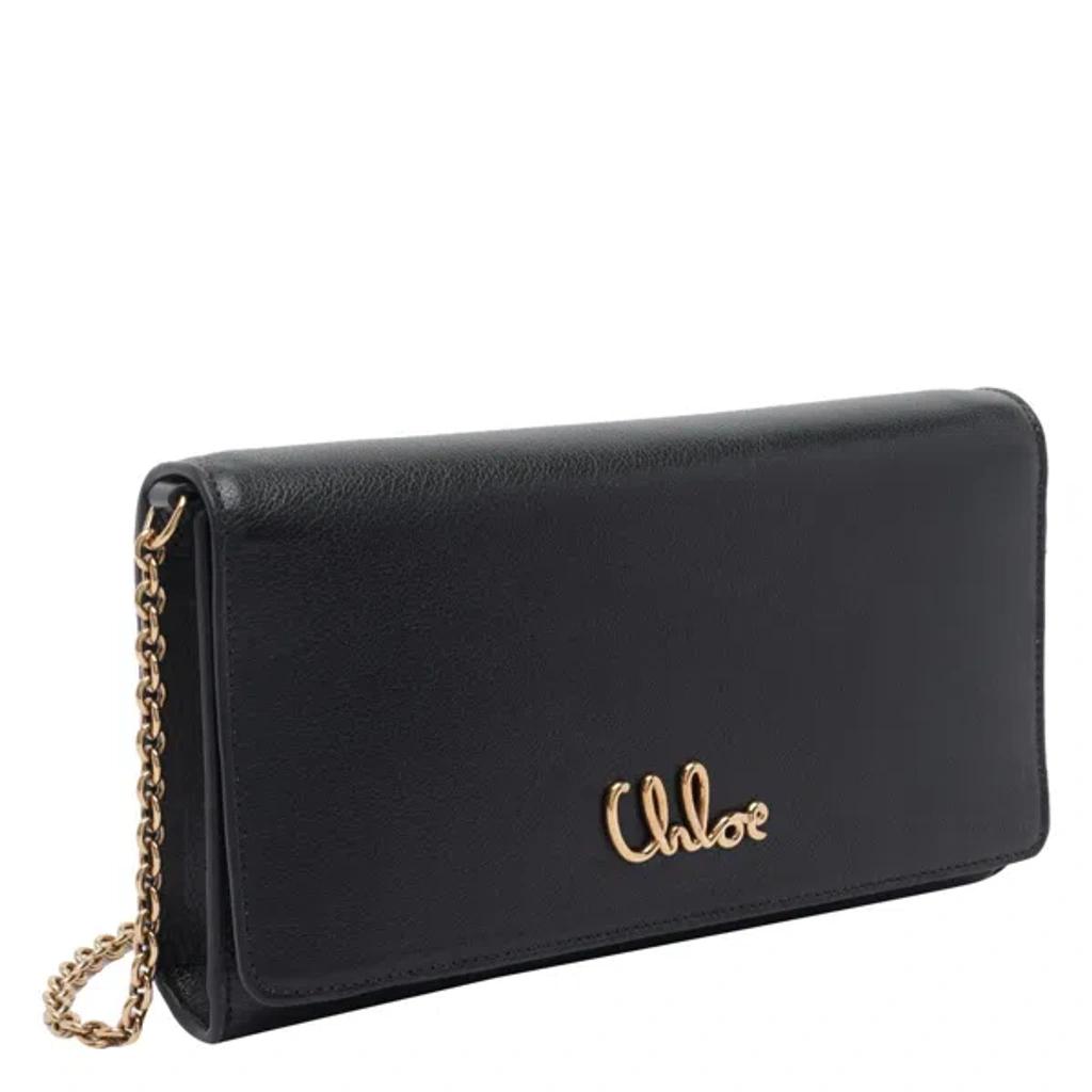 CHLOÉ Iconic Flap Wallet On Chain In Shiny Calfskin In Black Product Image