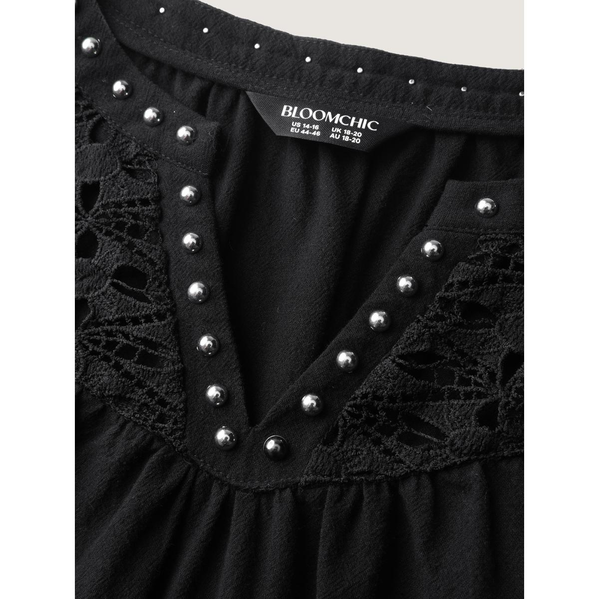 Plus Size Black Lace Trim Rivets Cut-Out Blouse Women Timeless Long Sleeve Round Neck Elegant Blouses BloomChic 26/4X Product Image