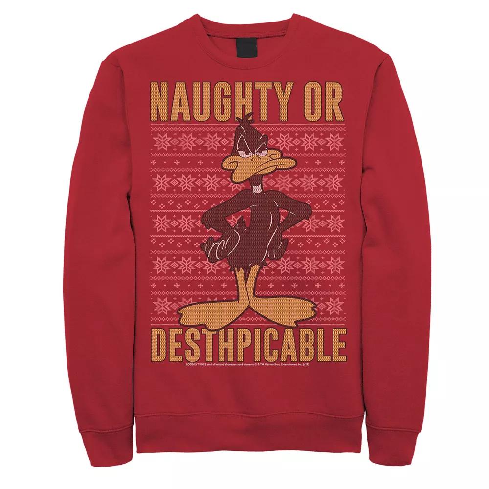 Men's Looney Tunes Christmas Sweater Daffy Naughty Or Desthpicable Graphic Fleece, Size: XXL, Red Product Image