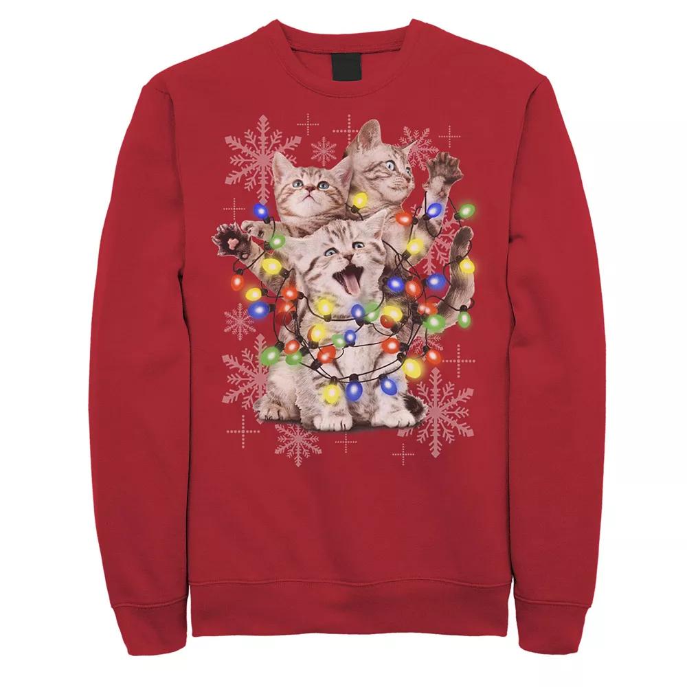 Men's Cute Cats with Holiday Lights Fleece Crewneck Sweatshirt,  Product Image