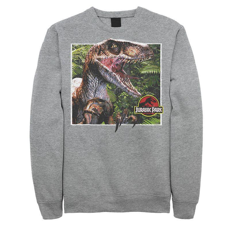 Mens Jurassic Park Raptor Coming Out Of Forest Pullover Sweatshirt Athletic Grey Product Image