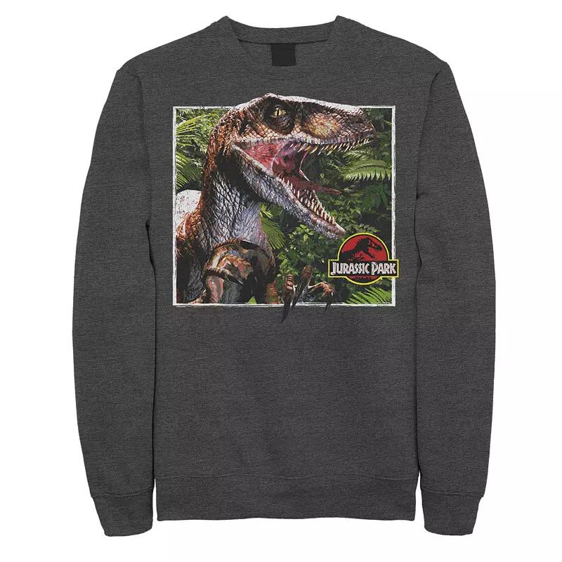 Mens Jurassic Park Raptor Coming Out Of Forest Pullover Sweatshirt Athletic Grey Product Image