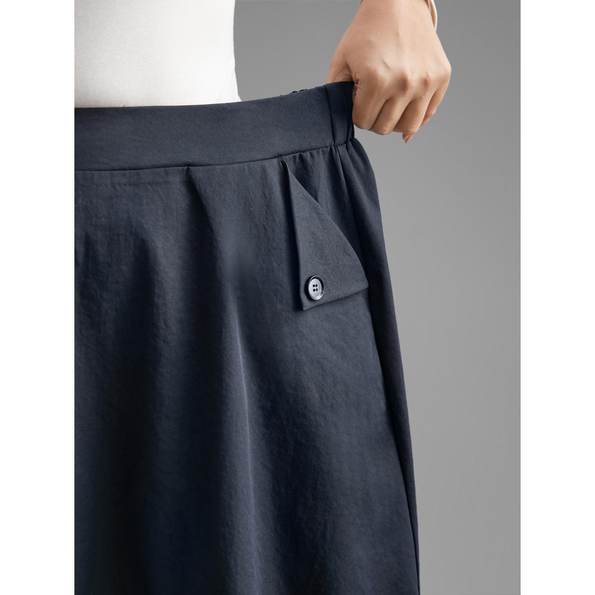 Plus Size Solid Buckle Detail Pocket Skirt Women Indigo Elegant Button Low stretch Slanted pocket Everyday Skirts BloomChic 12/L Product Image