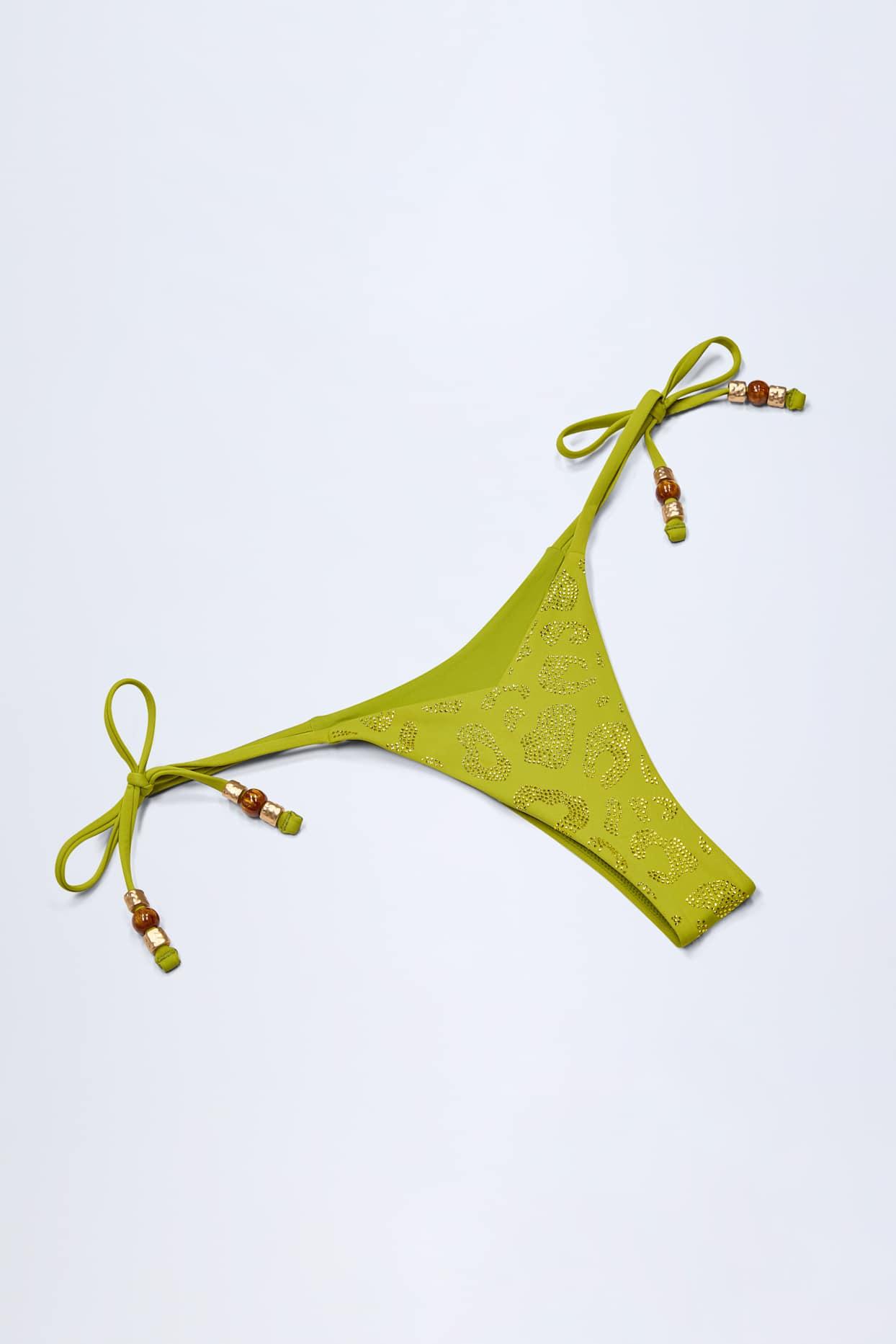 Charm-Detail Thong Bikini Bottoms in Olive Green Product Image