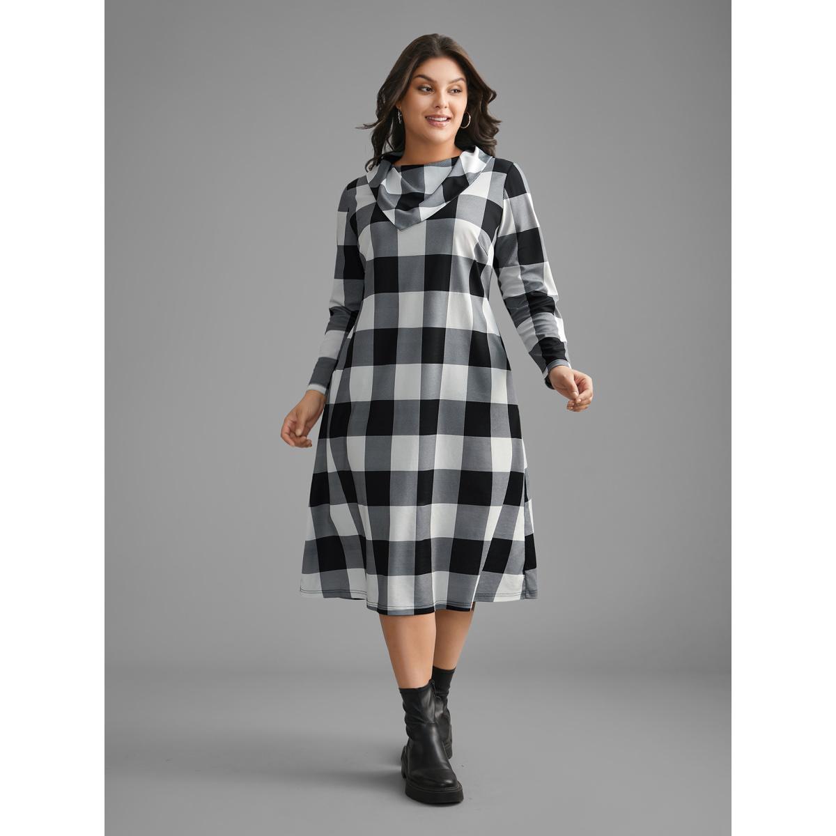 Plus Size Plaid Ruffled Collar Pocket Midi Dress Black Women Casual Non Ruffled collar Long Sleeve Curvy BloomChic 26/4X Product Image