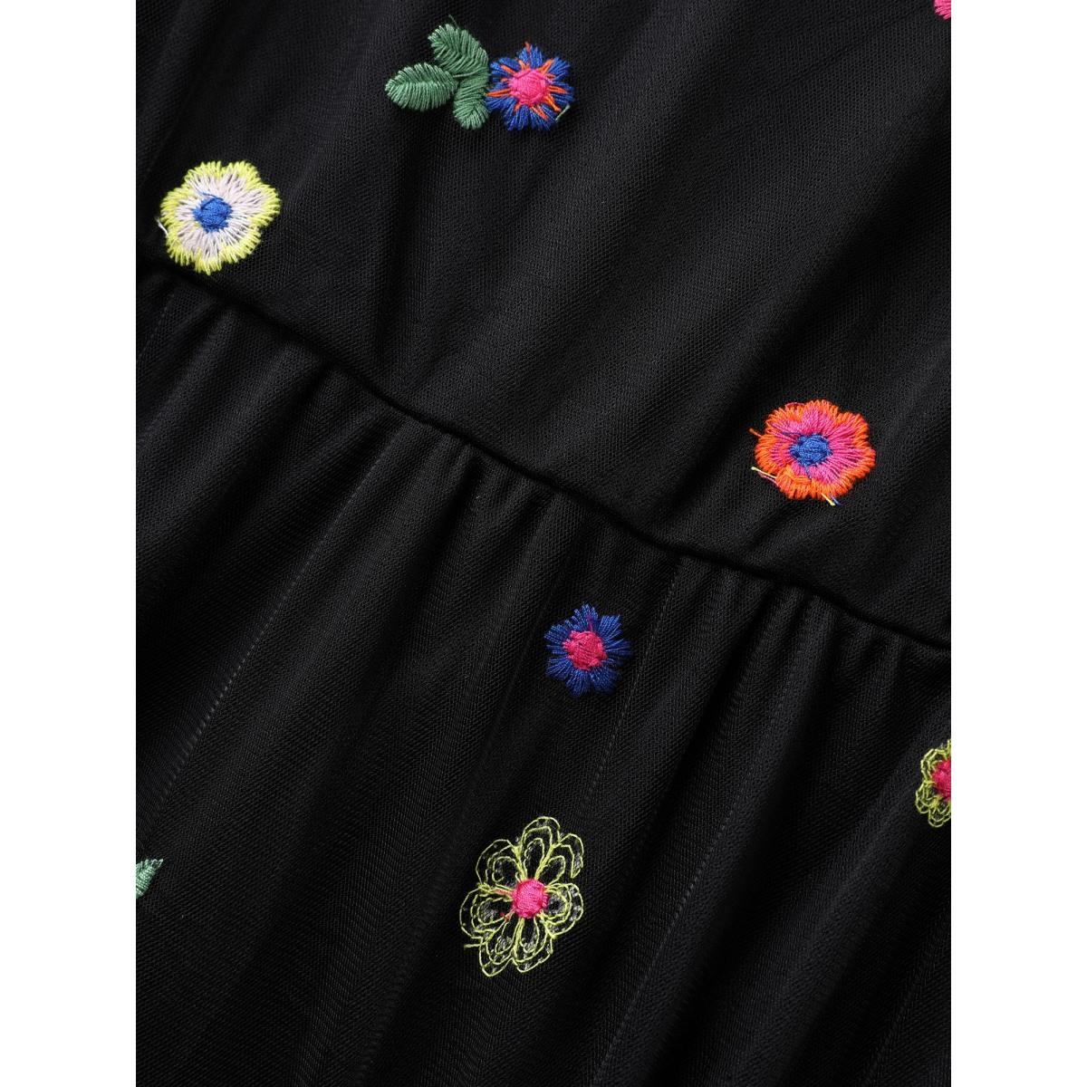 Plus Size Black Floral Mesh Embroidery Babydoll Blouse Women Playful Short sleeve Round Neck Casual Blouses BloomChic 30/6X Product Image