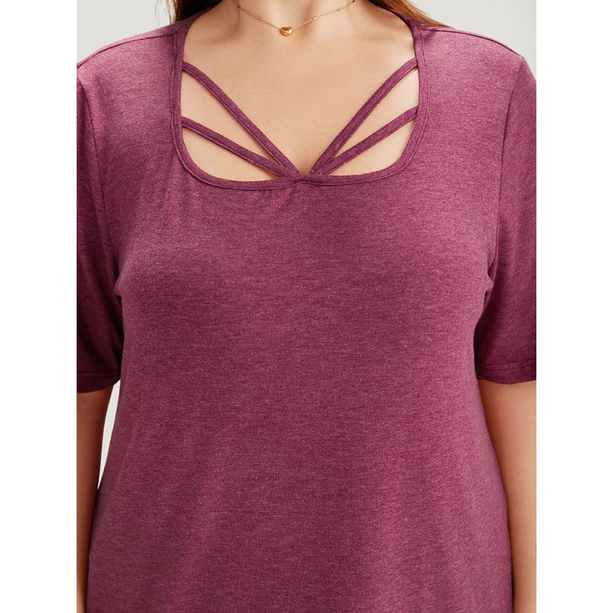 Plus Size Plain Heather Crisscross Square Neck T-shirt Burgundy Women Casual Plain Plain Square Neck Dailywear T-shirts BloomChic 18-20/2X Product Image