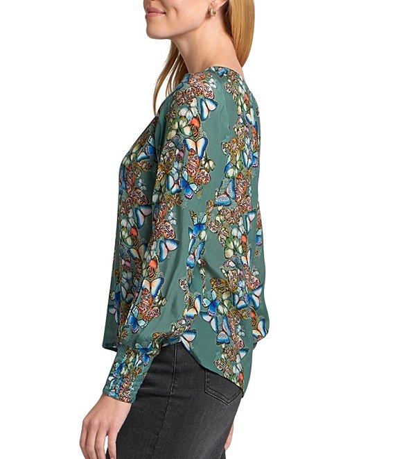APNY Woven Printed Round Neck Long Sleeve Smocked Blouse Product Image