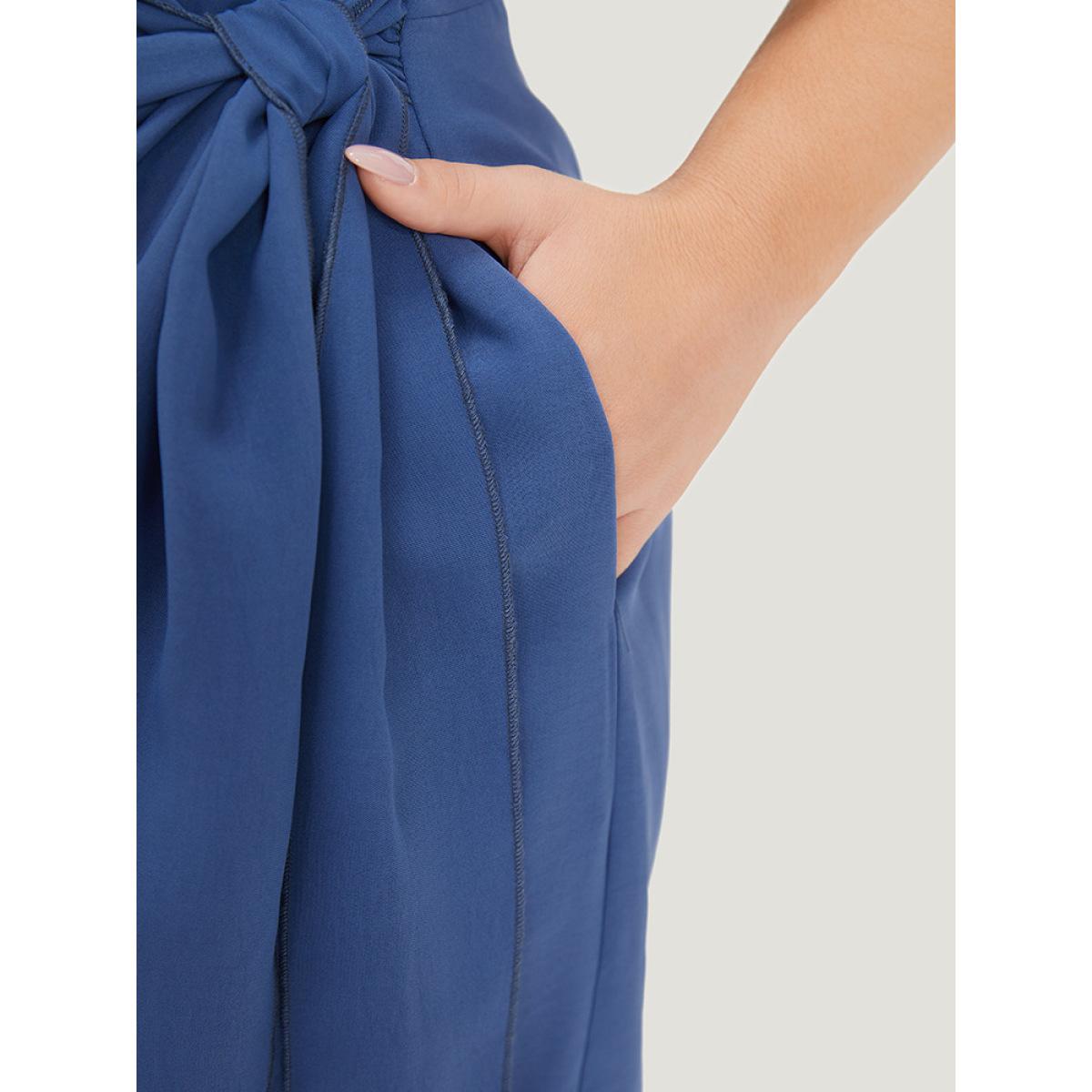 Plus Size Solid Surplice Neck Gathered Twist Front Batwing Sleeve Dress DarkBlue Women Elegant Knotted V-neck Half Sleeve Curvy Knee Dress BloomChic 18-20/2X Product Image