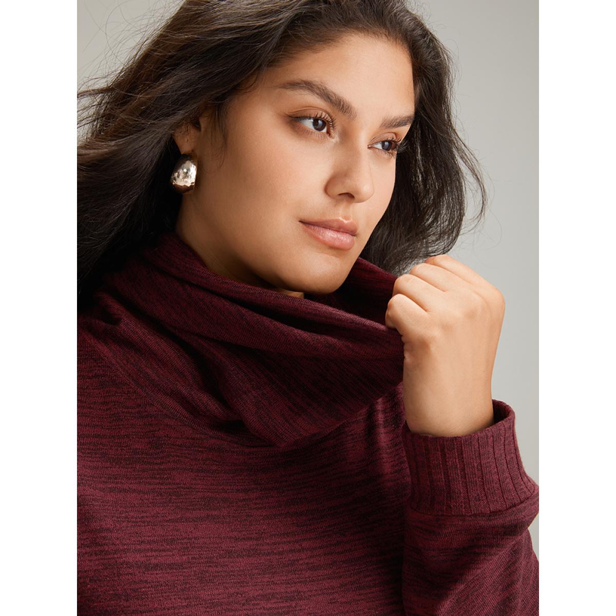 Plus Size Plain Turtleneck Pocket Heather Sweatshirt Women Burgundy Elegant Plain Turtleneck Dailywear Sweatshirts BloomChic 18-20/2X Product Image