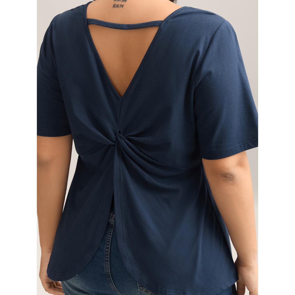 Plus Size Pure Cotton Knotted Backless T-Shirt Midnight Women Leisure Twist Round Neck Vacation T-shirts BloomChic 26/4X Product Image